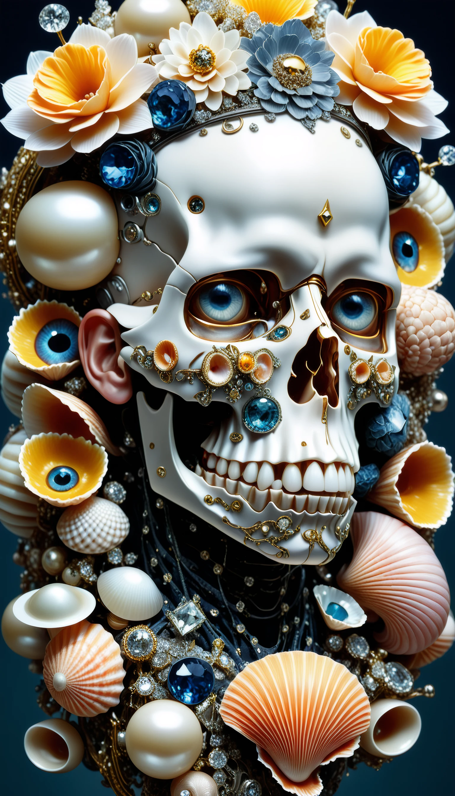 The anatomy of a human head made of different styles of eyes, diamonds and shells, an ultrafine detailed painting by james jean, octopath traveler, behance contest winner, vanitas, angular, altermodern, surreal photography 8k resolution image, translucent and ethereal.,
masterpeice,detailed,intricated details,8k,ultraclear,