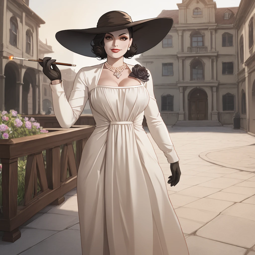 <lora:ladydimitrescu_pony_v1:.8>LadyDimitrescu, 1girl, sun hat, white dress, pearl necklace, jewelry, black hair, black gloves, pale skin, breasts, smoking, long dress, tall female, short hair, flower, cleavage, earrings, cowboy shot