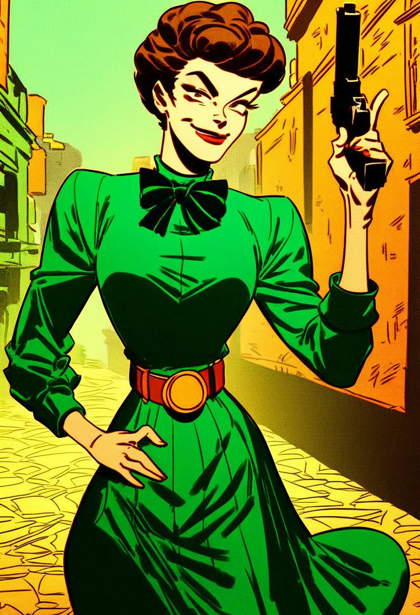 score_9_up, score_8_up, score_7_up, score_6_up, 1girl, solo, valerie_vaughn, brown hair, short hair, green blouse, belt, green skirt, bow, red lipstick, smug smile, looking at viewer, holding handgun, (standing in an alleyway)