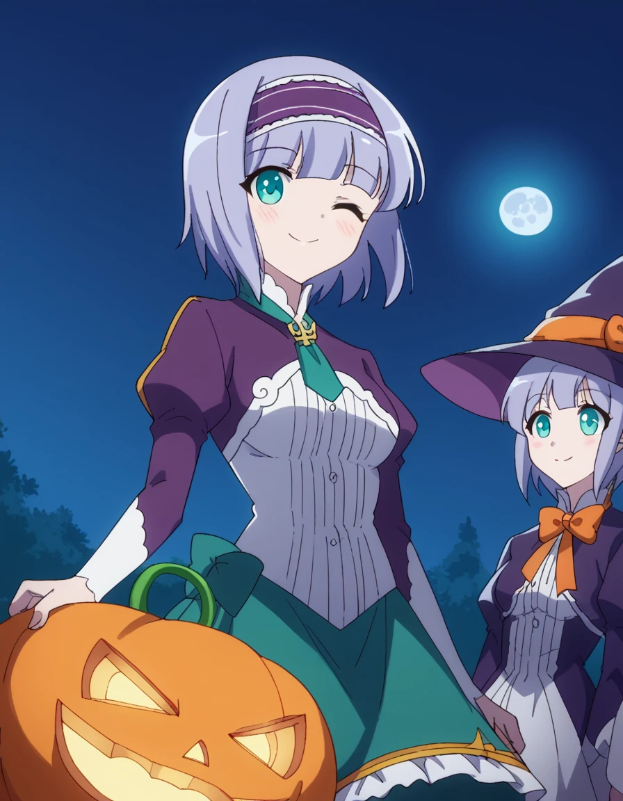 score_9, score_8_up, score_7_up, source_anime, <lora:linze-silhoueska-s2-ponyxl-lora-nochekaiser:1>, linze silhoueska, short hair, hairband, aqua eyes, purple eyes, frilled hairband, medium breasts,, <lora:witch-ponyxl-lora-nochekaiser:1>, witch, hat, witch hat, dress, halloween, halloween costume, jewelry,, night, moon, blush, smile, one eye closed,, , dutch angle, cowboy shot
