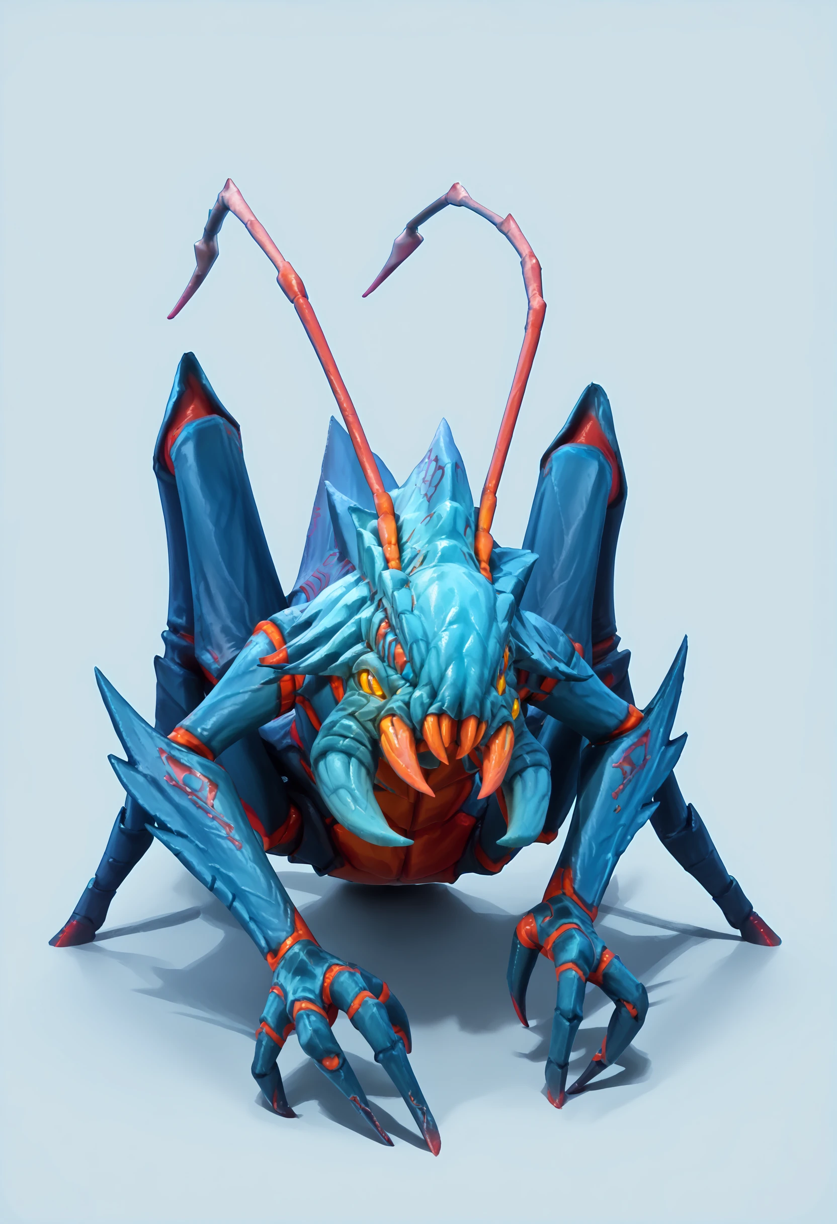 score_9, score_8_up, score_7_up, score_6_up, score_5_up, score_4_up, <lora:WeaverDOTA2:0.85> no humans, antennae, claws, teeth, yellow eyes, yellow sclera, arthropod limbs, full body, 
 light blue background, simple background,