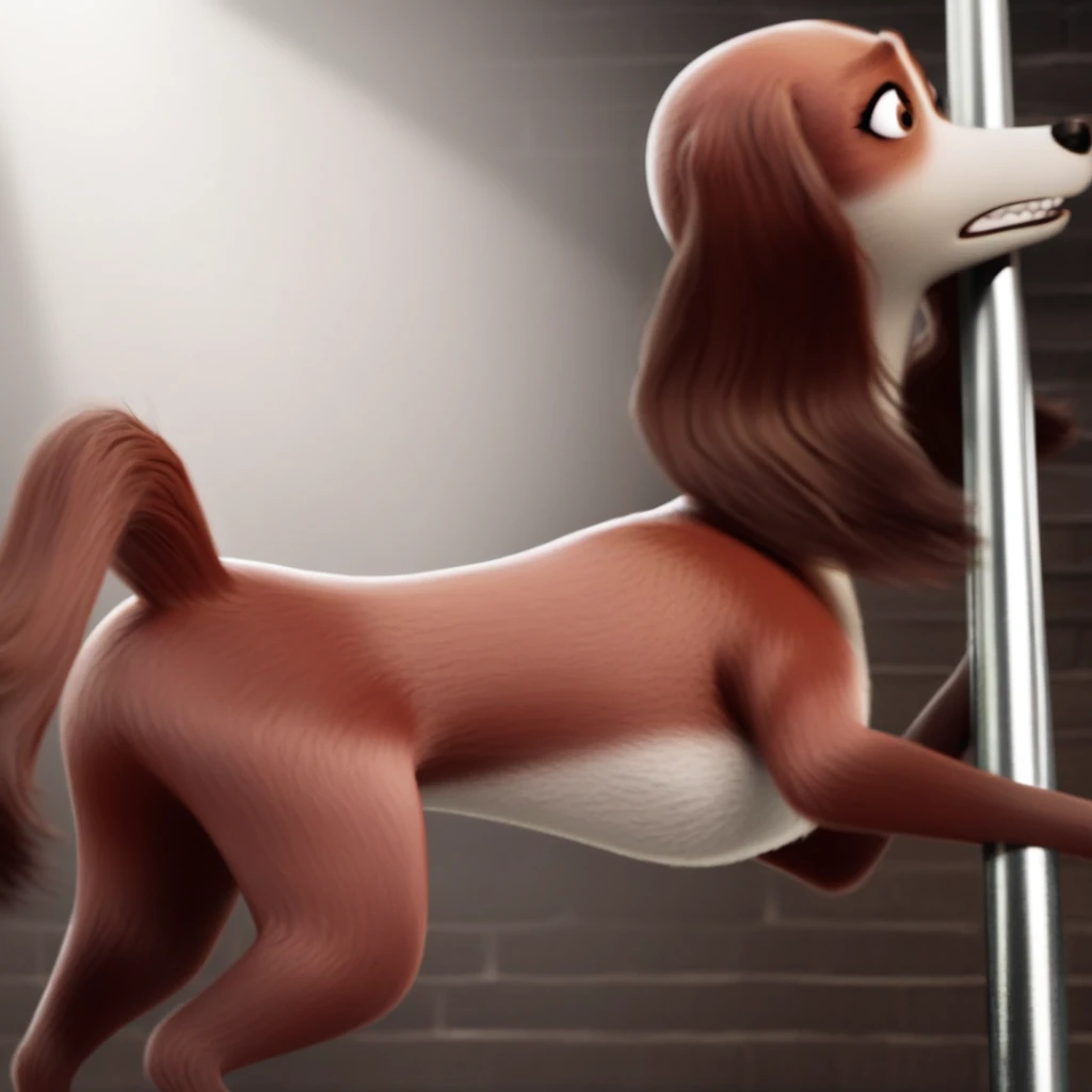 (by Taran Fiddler), feral dog, female, solo canine, solo, pink collar, Boykin Spaniel, curvy, wide hips, thick thighs, presenting hindquarters, giant canine pussy, looking back at viewer, raised tail, arched back, bending down, play bow, apartment background, sunlight, happy, excited, playful, open smile, surprise, cute, gold eyes, pink nose