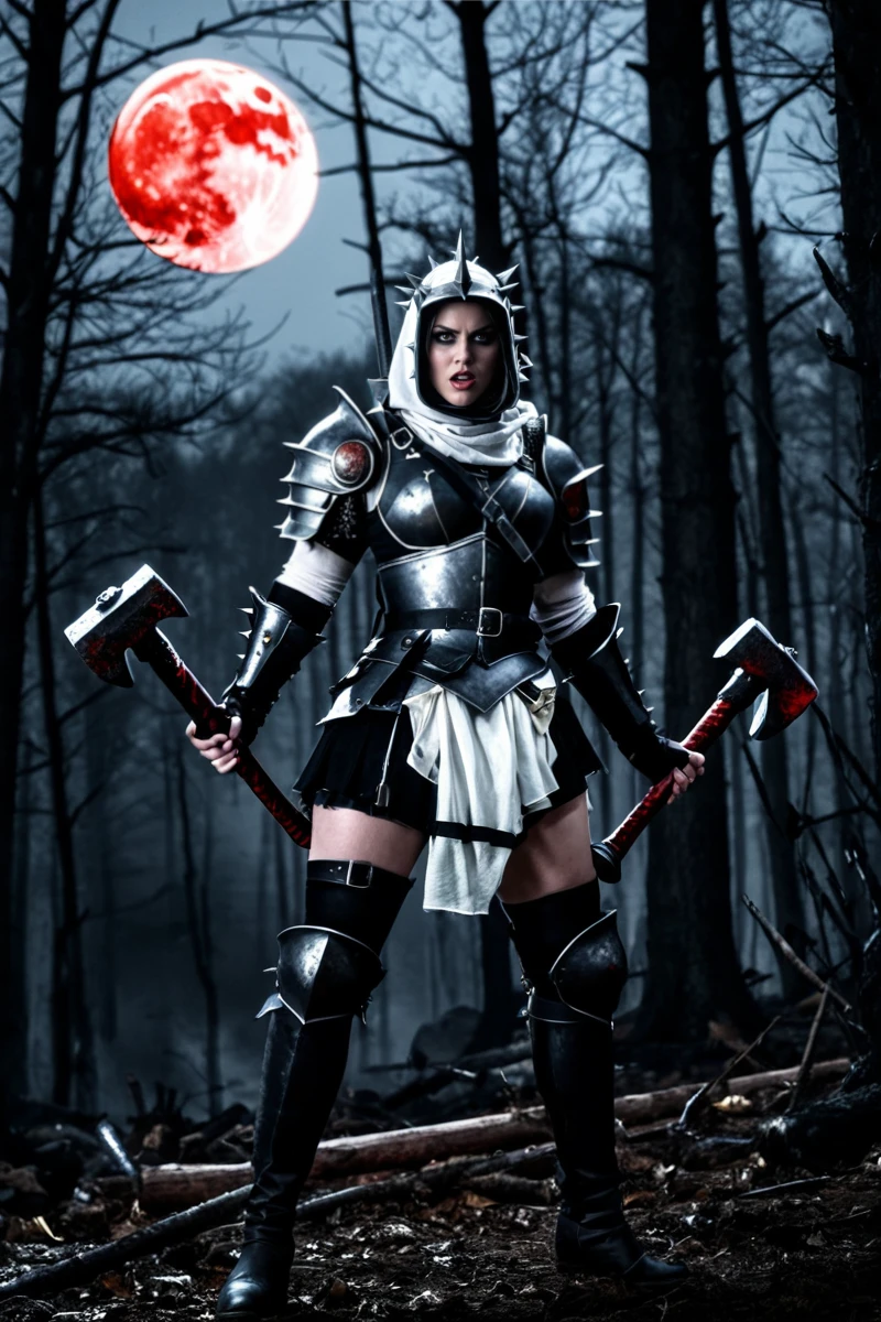 hires digital photo, photorealism, <lora:Bertha_Bestraufrung_Warhammer_XL_v1-000008BF:1.0> dark background, full body, bestraufrung in a dark forest, looking to the side, alarmed, fearsome, holding two war_hammers up, wearing black fullarmor, white spiked_cowl, pauldrons, vambraces, thighhighs, pelvic curtain, zettai ryouiki, dramatic lighting, massive red moon in the air, swarms of bats in the background, intricate details, high resolution,