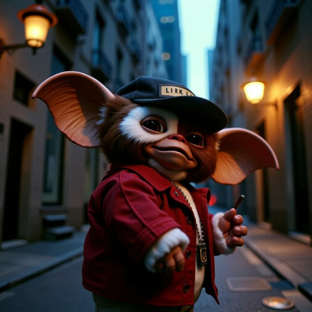 cinematic, god rays lighting, smiling, gizmo wearing a hip hop outfit, wearing a mariguana cap, with a cigarette  in a dark alley in the city, street lights around him, he looks surprised, shadows play lighting, ultra defined textures, ultra defined colors, 8k, 35mm, gmz,gxz