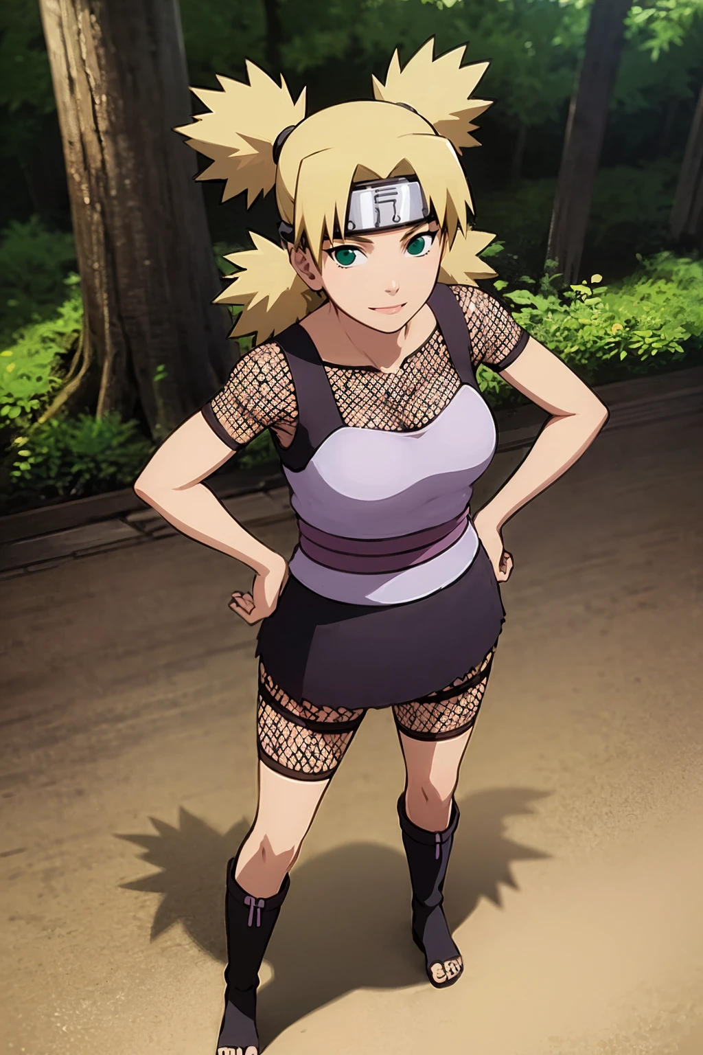 masterpiece, best quality,
1girl, temari, blonde hair,quad tails, dark green eyes,
purple blouse, sleeveless, fishnets, skirt, toeless boots,
hands on hips, standing, solo, smile, looking at viewer, trees, jungle background, <lora:TemariShippuden_byKonan:1>