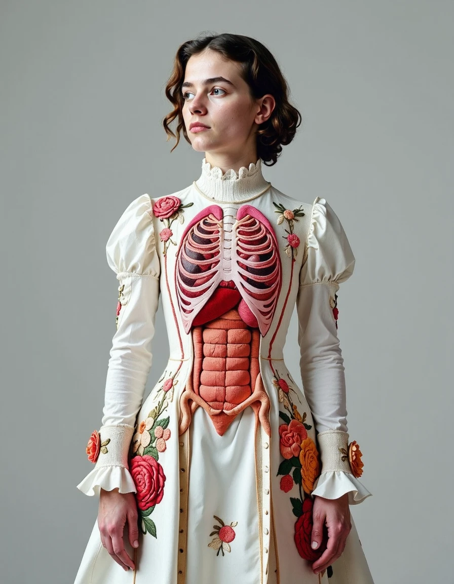 Visceral_clothing,This is a vintage, anatomically themed outfit worn by a person, adorned with colorful anatomical illustrations. The focus is on the depiction of the structure of human organs on the clothing, highlighting the design and novelty aspects of the attire. The photograph captures a young woman with light skin and curly, light brown hair styled in loose waves. She stands against a plain, light grey background, facing slightly to the right. She wears a striking, elaborate, and ornate dress that is intricately embroidered with detailed, colorful designs. The dress is predominantly white with a high neckline and long sleeves, adorned with intricate lace and floral patterns. The bodice features a large, central panel depicting a detailed, anatomical illustration of a human torso with ribs, lungs, and internal organs, rendered in vibrant hues of pink and orange. The dress also includes various other floral and botanical designs, including roses, peonies, and other flowers in shades of pink, orange, and green, adding a surreal and surrealistic touch to the attire. The woman's face is expressionless, with a neutral, contemplative gaze. Her attire and pose suggest a mix of traditional and avant-garde fashion, blending historical and modern elements in a visually striking and surreal manner.,  <lora:Visceral_clothing_04:1.2> ,<lora:Hyper-FLUX.1-dev-8steps-loraéé¾:1>