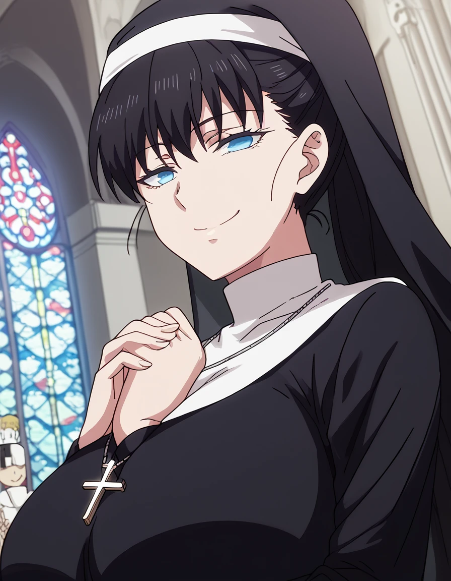 score_9, score_8_up, score_7_up, source_anime, <lora:akira-toudou-s1-ponyxl-lora-nochekaiser:1>, akira toudou, long hair, bangs, blue eyes, black hair, ponytail, huge breasts,, <lora:traditional-nun-ponyxl-lora-nochekaiser:1>, traditional nun, nun, habit, long sleeves, dress, black dress, jewelry, black veil, cross, cross necklace,, church, smug, praying,, , dutch angle, cowboy shot