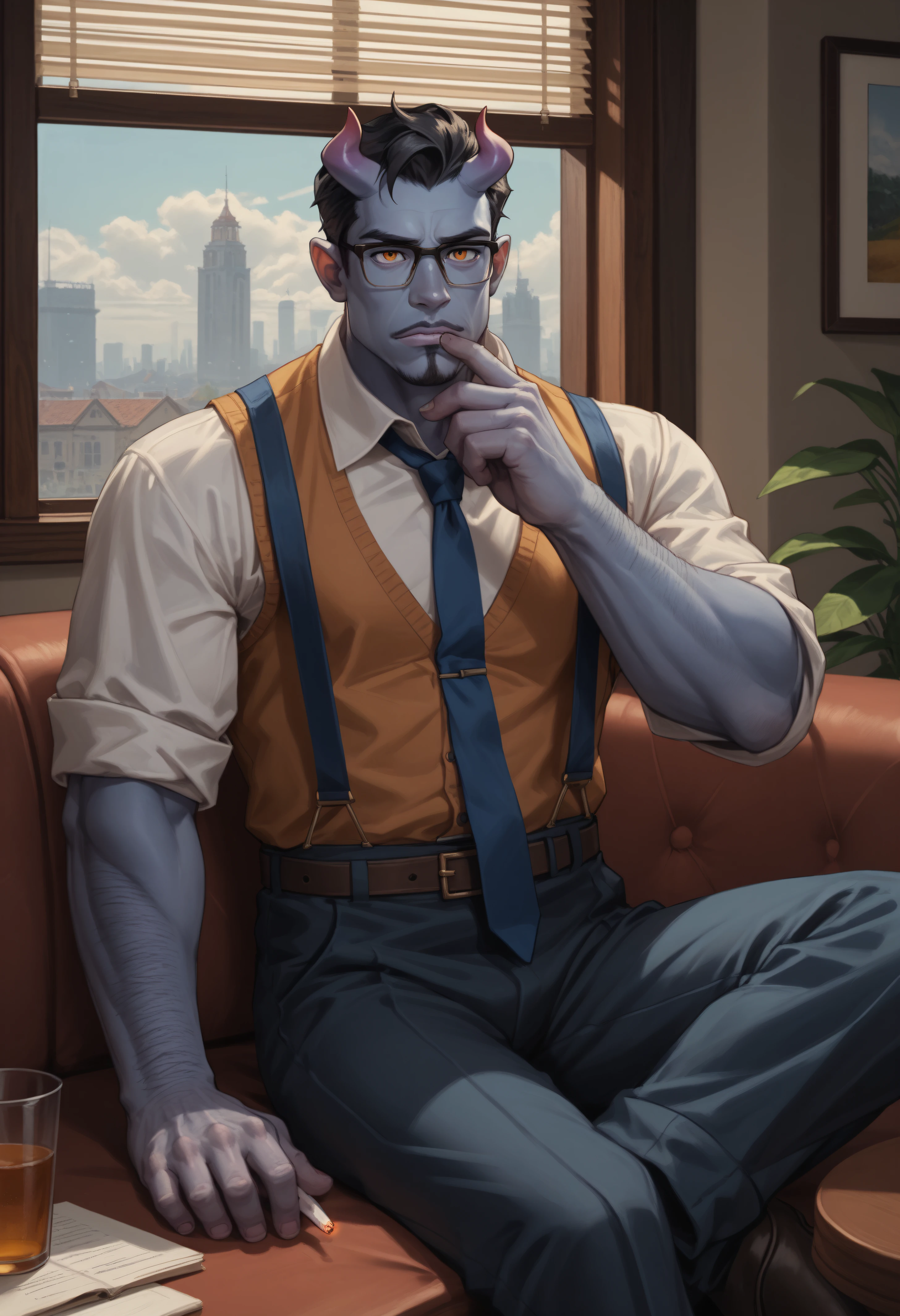 score_9, score_8_up, score_7_up, score_6_up, score_5_up, score_4_up, BREAK abramspdxl, 1boy, solo, blue skin, black hair, horns, orange eyes, glasses, facial hair, demon, white shirt, vest, suspenders, sleeves rolled up, blue necktie, belt, pants, cigarette, crossed legs, male focus, holding cigarette, muscular male, muscular, window, sitting, couch, relaxed, interior, looking at viewer, table, sitting, arm hair, mature male, <lora:Abrams:0.75>