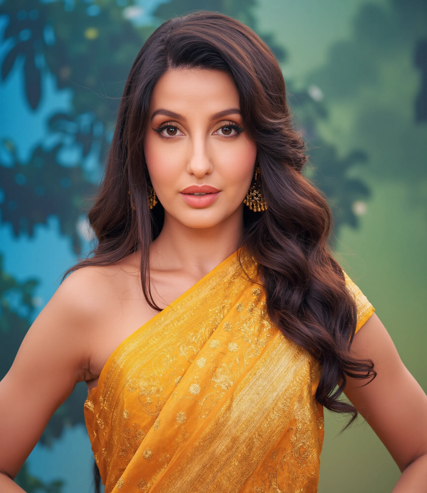 A stunning noraf woman poses confidently in a striking saree with sleeveless blouse. Her gaze locks onto the camera with seductive intensity, as if daring onlookers to look away. The background is expertly blurred, drawing attention solely to her radiant presence. Shot in breathtaking UHD/4K resolution, realistic skin textures