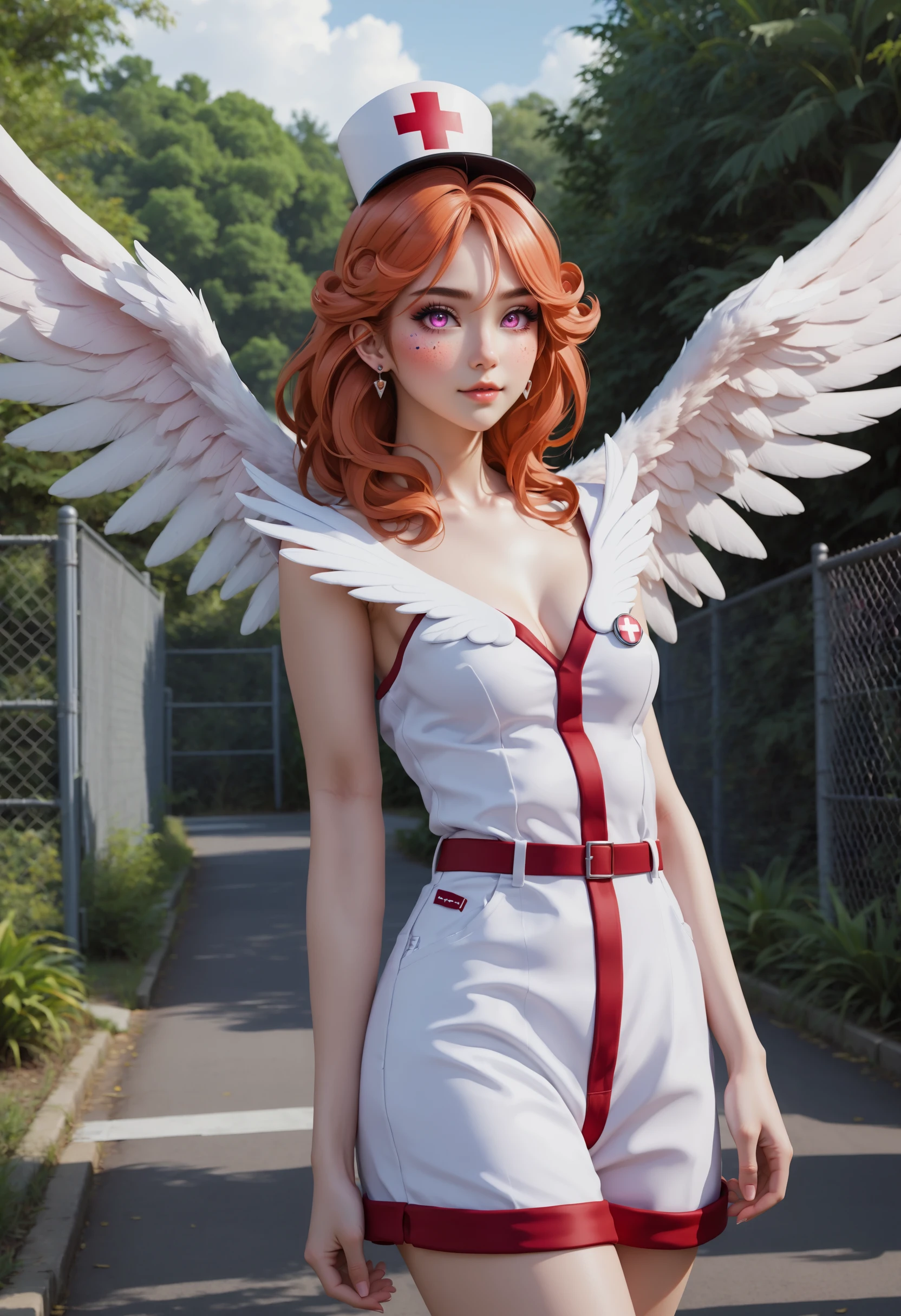 score_9, score_8_up, score_7_up, source_anime, incredibly absurdres, Long Shot,
iflily, injection_fairy_lily, red hair, red eyes, ahoge, hyperrealistic, 2.5D, blush:1.2, peach_fuzz, nurse dress, tree, breasts, flat chest, white footwear, fence, angel wings, earrings, looking at viewer, feathered wings, hat