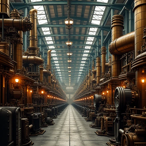 A huge steampunk factory, rows of intricate machines, made of clockwork gears made of steel and brass