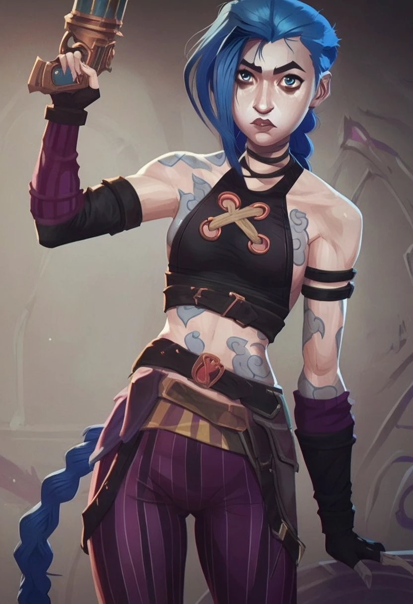 score_9, score_8_up, score_7_up, 1 character, solo, solo focus, cowboy-shot, BREAK, (((1girl, j1nx, blue hair, pale skin, chocker, blue eyes, long blue twin pigtails, tattoo, crop top, sleeve, armbands, purple striped pants, gloves, gun, belt))