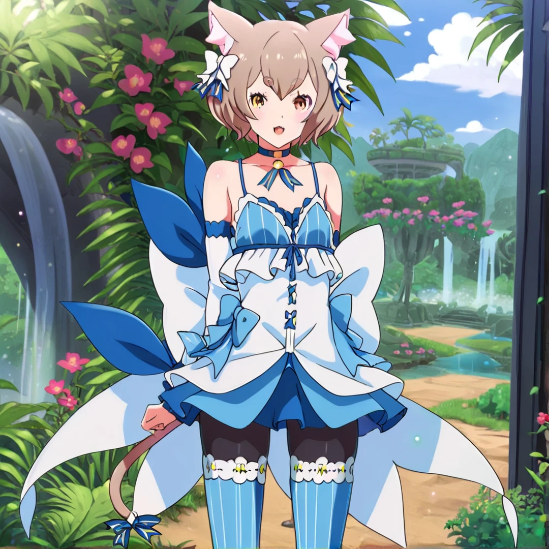 <lora:Felix:1>, felix, has flax colored hair and yellow eyes, has an cutesy face, his casual wear consists of a blue collar with a ribbon, a blue dress, black tights, blue leggings, blue shoes, white arm covers, and a blue scarf tied around his right arm, solo, in a jungle, looking at viewer, close up