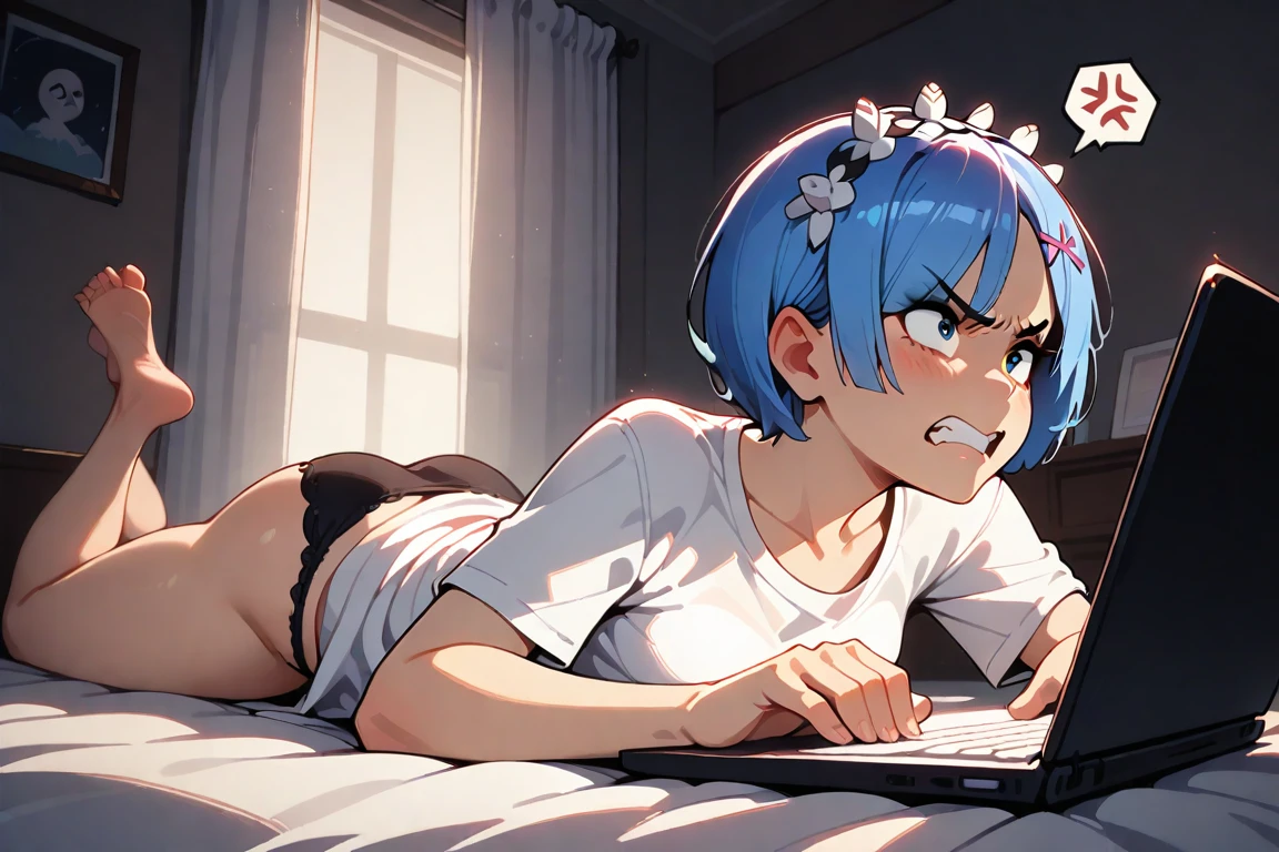 1girl, solo, rem \(re:zero\), angry, spoken anger vein, clenched teeth, white t-shirt, black panties, typing on laptop, on bed, on stomach, curtains, indoors, dark, night, dim lighting, masterpiece, best quality, very aesthetic, absurdres