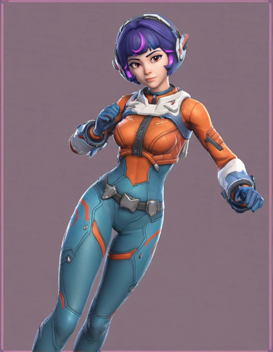 1girl (1.00), solo (0.97), short hair (0.76), bodysuit (0.66), gloves (0.63), multicolored hair (0.63), breasts (0.61), blue bodysuit (0.60), pink background (0.59), purple hair (0.55), blue gloves (0.46), looking at viewer (0.41), medium breasts (0.41), Juno, <lora:Juno:0.6>