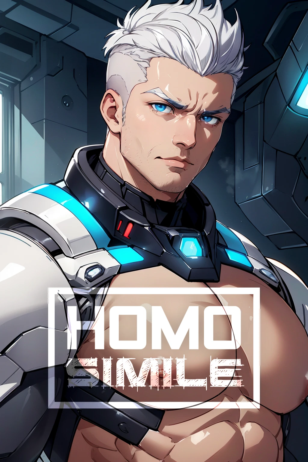 best quality, masterpiece, (absurdres, highres, ultra detailed, extremely detailed), detailed face, detailed eyes, detailed background, portrait of a man wearing glossy white mecha power armor, 35 years old, glowing, futuristic lab background, upper body shot, science fiction, (platinum white hair), short undercut hair, (white beard:0.9), TRON style, (blue eyes), avant-garde, futuristic, muscular, (large pectorals, hyper pecs:1.3), (puffy nipples:1.3), ((shirtless, nude:1.1)), perfect composition, color-graded, vivid details, natural lighting, volumetric lighting, sunlight, looking at viewer, (seductive expression, tired expression:1.2), (furrowed eyebrows), (open mouth:0.8)