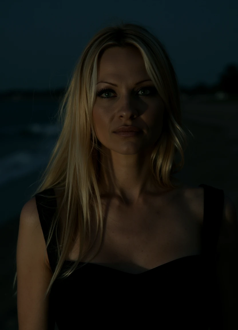 a close up of Pamela, facing the camera with long blonde hair.  she's wearing a conservative church dress.
Dim, twilight-toned light creates a soft, shadowy atmosphere, with cool, subtle tones blending into the background, giving the scene a moody and serene effect. 