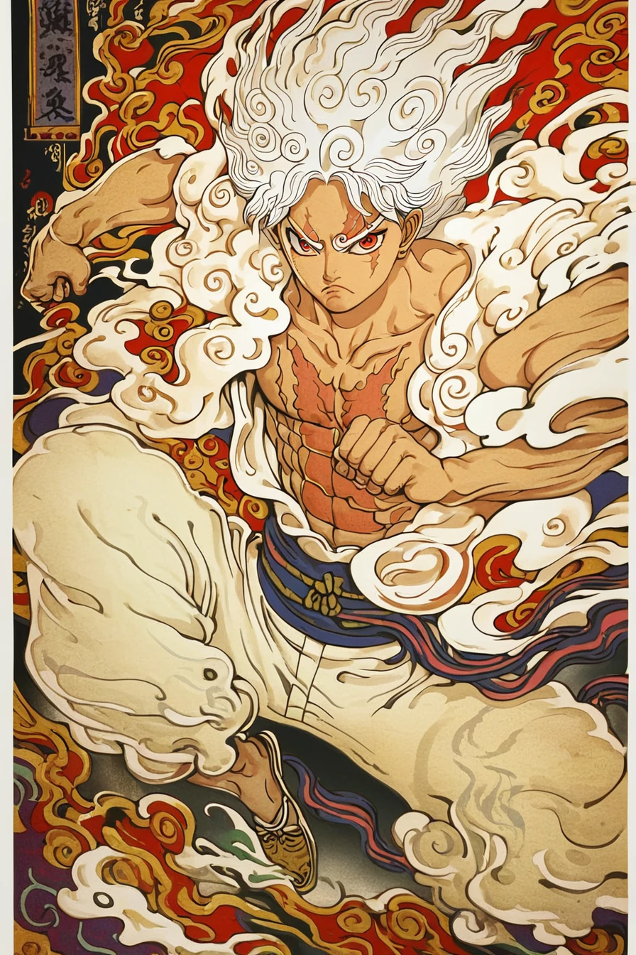 score_9, score_8_up, score_7_up, score_6_up, score_5_up, score_4_up, <lora:Gear_5_Luffy:0.8>, gearfifth, white hair, red eyes, scar on chest, scar, <lora:traditional_Japanese_art:1>,  traditional japanese art, 1boy, fighting stance,   solo, alone,  masterpiece, highres