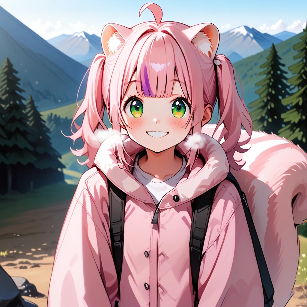 Riino_OC,outdoors,mountain,hiking,pink coat,heavy breath,smile,