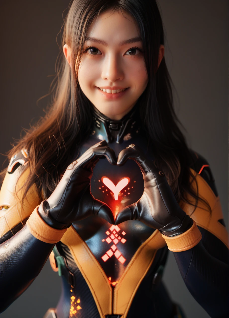 stellartachy, asian girl, solo, black  hair, black eyes, plugsuit, black gloves, smile, heart hands, long hair, simple background, photo <lora:SB_Tachy-PONY:0.8>, score_8_up, score_7_up, score_6_up, score_5_up, score_4_up,