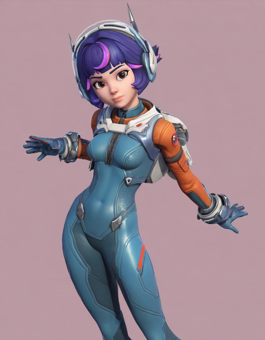 1girl (1.00), solo (0.97), short hair (0.76), bodysuit (0.66), gloves (0.63), multicolored hair (0.63), breasts (0.61), blue bodysuit (0.60), pink background (0.59), purple hair (0.55), blue gloves (0.46), looking at viewer (0.41), medium breasts (0.41), Juno, <lora:Juno:0.6>