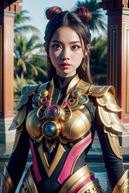 (high quality), (masterpiece), (detailed), 8K, Hyper-realistic painting of a young Indonesian woman wearing a futuristic suit that blends traditional patterns and vibrant colors, showcasing the rich heritage of Indonesia. She stands confidently in a dynamic pose, her detailed eyes reflecting determination and curiosity. The suit's material is a combination of traditional textiles and futuristic synthetic fabrics, giving it a unique and avant-garde appearance. Physically-based rendering techniques create realistic lighting and shadows, while the vivid colors capture the essence of Indonesian cultural aesthetics. The background features a fusion of modern architecture and traditional elements, creating a harmonious blend of the past and the future. This artwork explores the intersection of Indonesian culture, futuristic design, and the artistic representation of a confident girl.