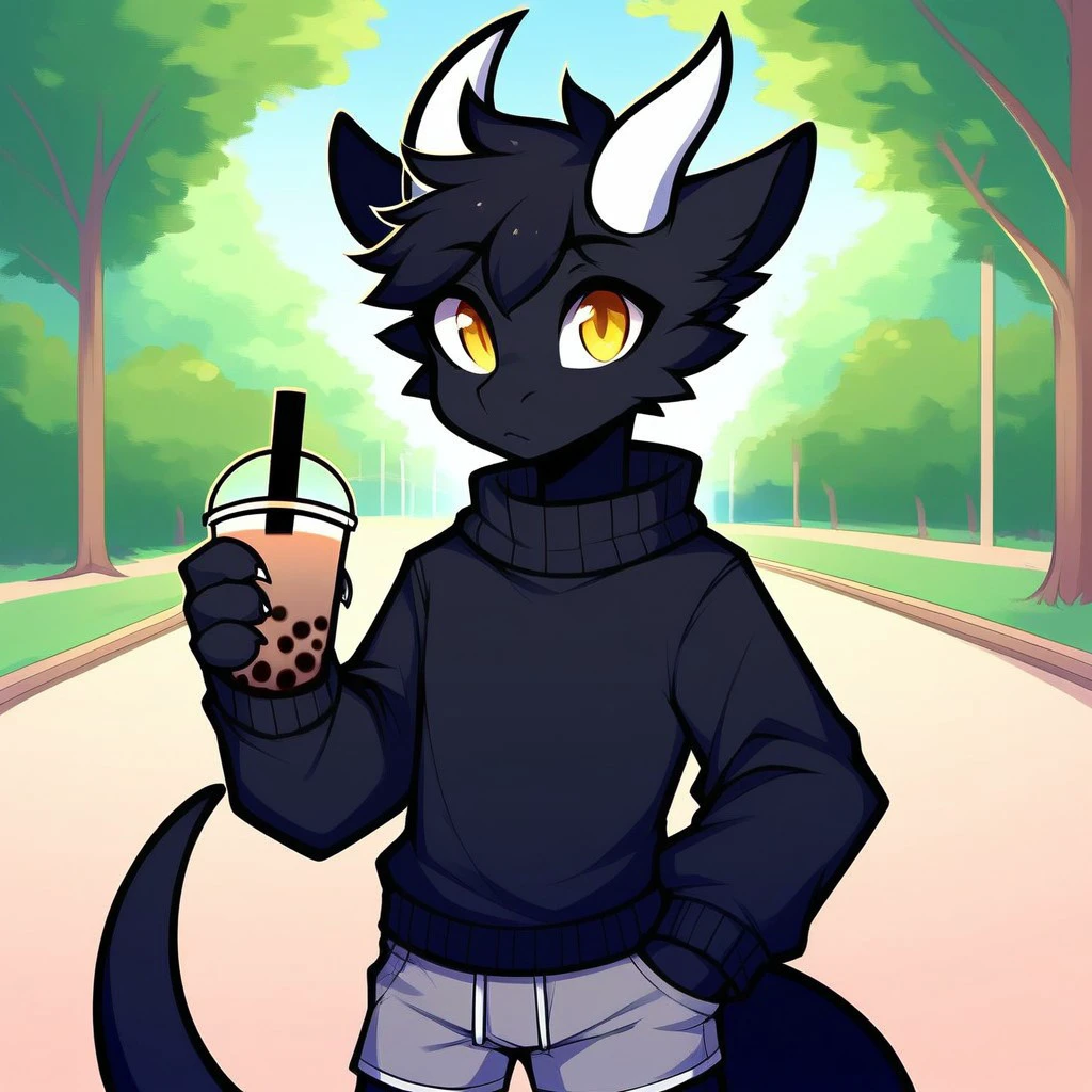 mikus-style, black, black dragon, black body, white horns, yellow eyes, park, holding, bubble tea, black sweater, gray shorts, 1boy, solo