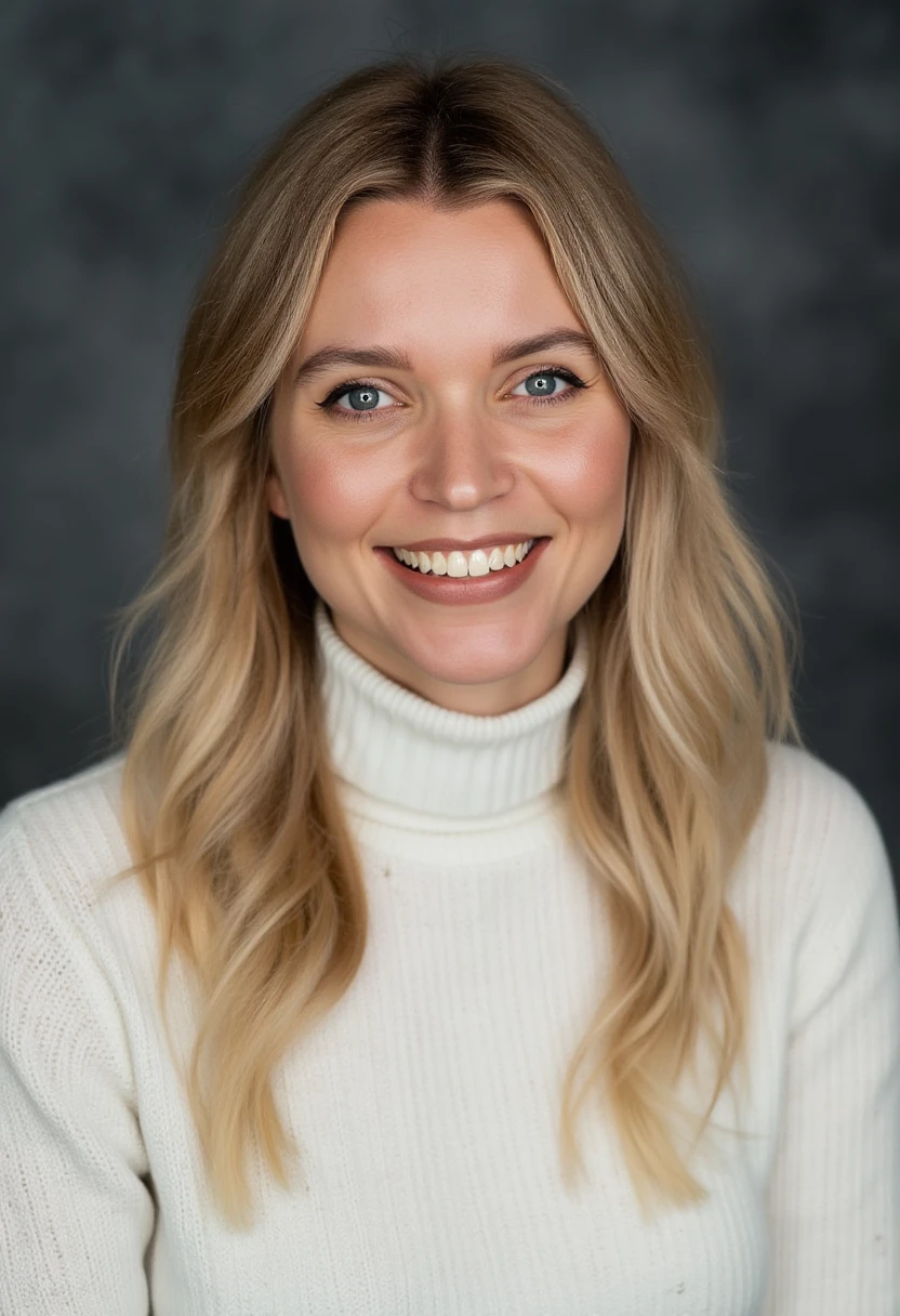 A professional portrait photo of munecat, a woman with blonde hair. She is smiling, showing her teeth. She is wearing a white knit turtleneck sweater. The background is blurry and shows a dark gray professional photo studio canvas.