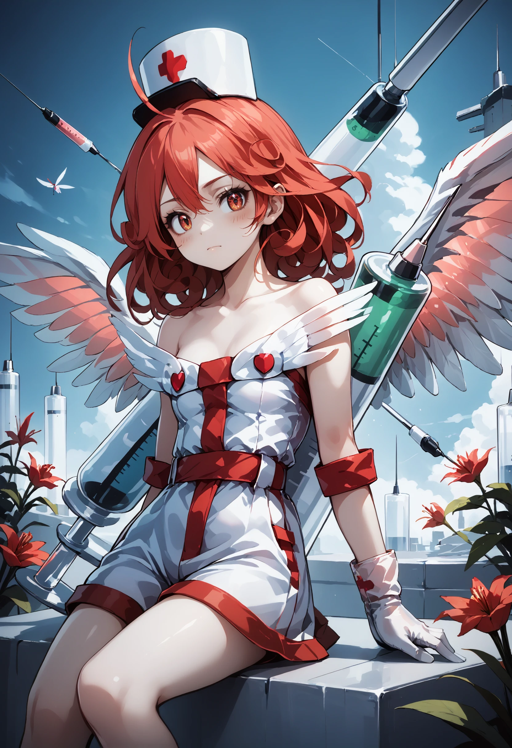 score_9, score_8_up, score_7_up, source_anime,
iflily, injection_fairy_lily, syringe, red curly hair, red eyes, sitting, nurse outfit, syringe, Long Shot, simple sky background, semirealistic, gloves, ahoge, red blush, feaathered wings
, spectral