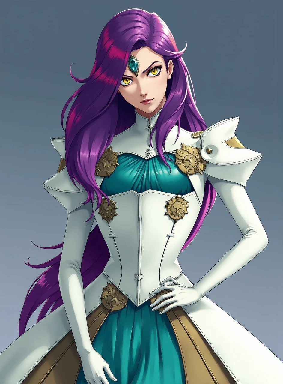 This is an anime inspired digital painting of woman in a beautiful elegant white and teal gown. She has long purple hair with pink highlights. She has three yellow eyes, whith the third eye being on her forehead. The gown is armored and renaissance inspired.