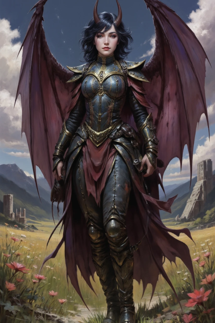 detailed digital painting depicting a fantasy warrior with demonic features. The subject is a female warrior with long, dark hair, sharp, pointed horns on her head, and large, bat-like wings with black membranes and dark red veins. She wears ornate, black and gold armor with intricate designs, including a chest plate, red shoulder guards, and gauntlets. Her armor features a mix of obsidian and metal, with a flowing, dark purple cloak that billows behind her.  ArtifyAI she is in the wild flower meadow with ancient ruins ., Bold, iconic, dynamic, dramatic, complex background, gorgeous, extremely intricate details