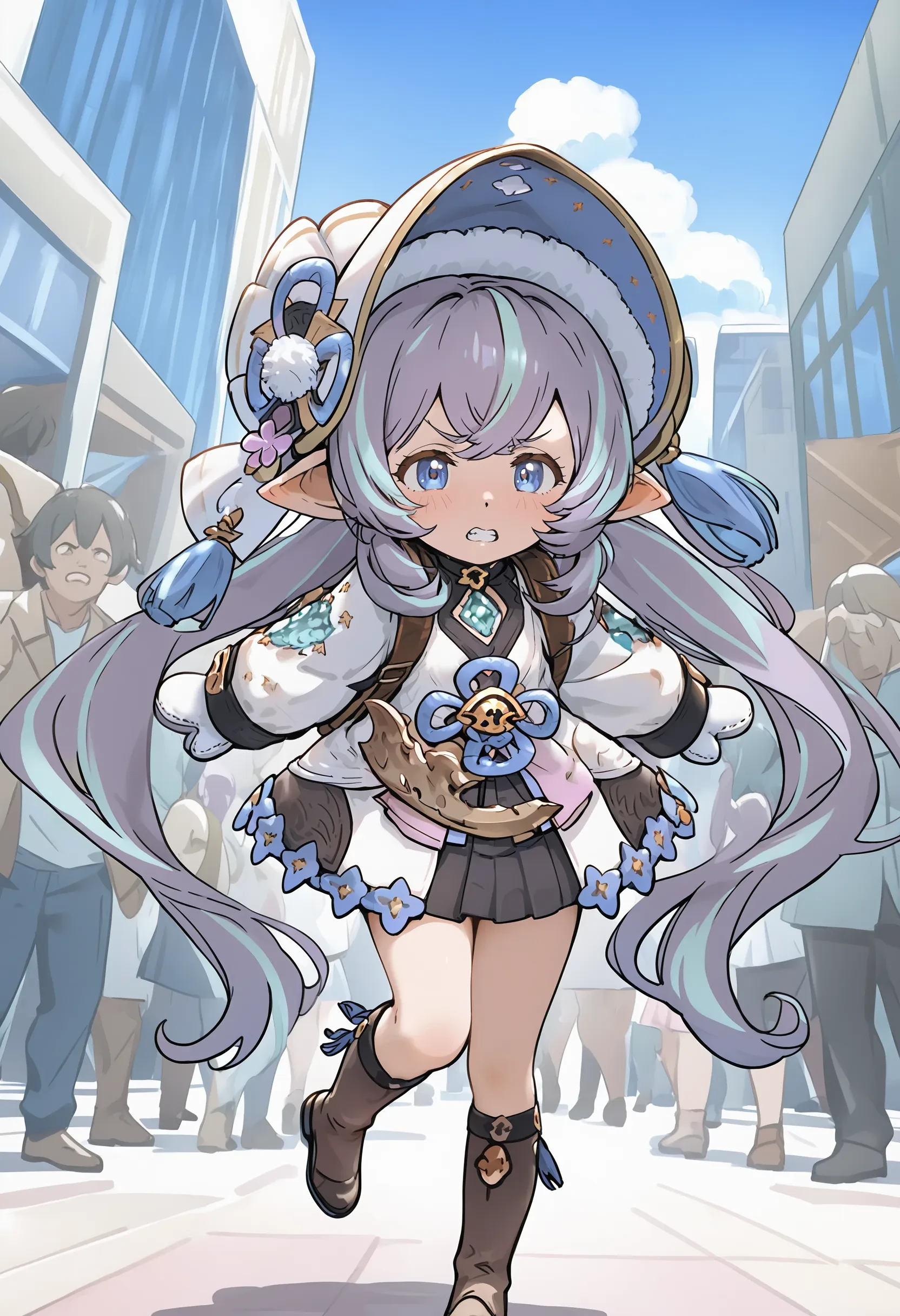 1girl, uruki \(granblue fantasy\), harvin, purple hair, multicolored hair, low twintails, blue eyes, bonnet, hat tassel, dress, long sleeves, mittens, backpack, footwear, 
outdoors, city, japan, audience, crowd, 
energetic Pose, jumping, one_hand_raised, Angry, tightened jaw, squinted eyes, and raised eyebrows., general, 
masterpiece, best quality, absurdres, high resolution, 8k, official art, official style, source_anime, uncensored, anime screencap, anime coloring, newest, (ai-generated:0.6) <lora:GBF-uruki_XL(ill)v10:1>