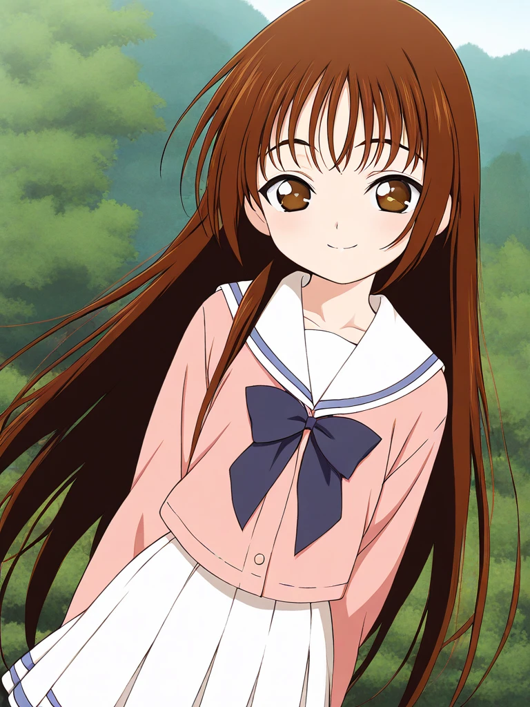 masterpiece, best quality, good quality, newest, <lora:Hayami_Ayumi_IS:1>  Hayami_Ayumi, brown hair, brown eyes, long hair, flat chest, short stack, smile
school uniform, white skirt, 
day, outdoor,