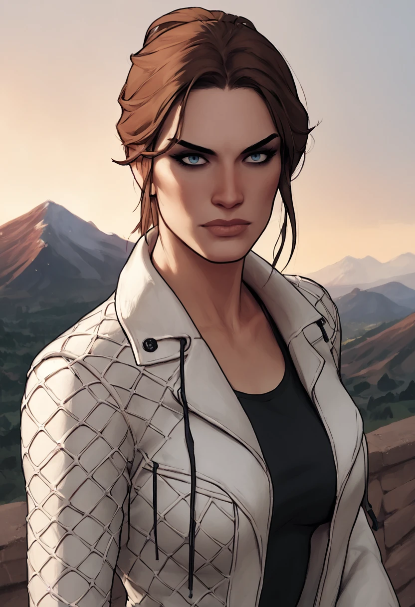 (Masterpiece: 1.2, Best quality), Realistic, (Realistic picture, Complex details, Depth of field), Best quality, Masterpiece, Highly detailed, Half realistic, 1 girl, Mature female, 21 years old, cabelos preto e longos, The left eye is covered with hair, Blue eyes, Tight black training uniform, Gray cloak, Slim figure, Hold a long alloy knife in your hand, Stand on a desolate hill and fight zombies, Dead bodies all over the ground, Armageddon,