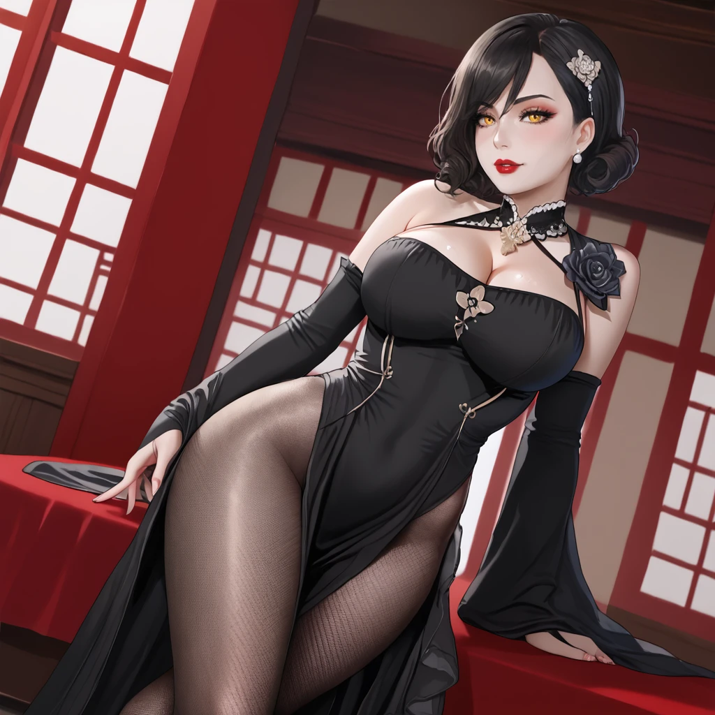 <lora:ladydimitrescu_pony_v1:.8>LadyDimitrescu, 1girl, solo, large breasts,  yellow eyes, black hair, short hair, makeup, lipstick, tall female, pale skin,  <lora:0831 Shenhe cheongsam fans clothing_v1_pony:1> ruanyi0831,black dress,bridal gauntlets,detached sleeves,fishnet pantyhose,hair ornament,clothing cutout,cleavage,tassel,wide sleeves