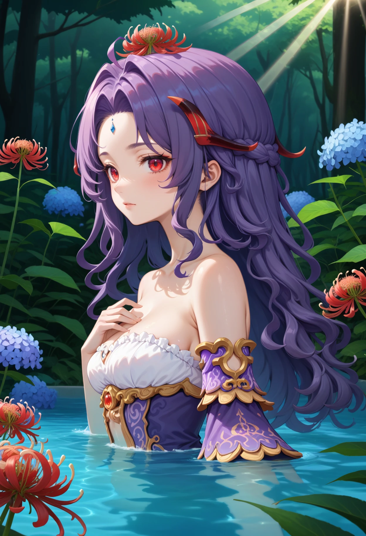 masterpiece, best quality, very aesthetic, absurdres, rom_nidhogg_xl,
1girl, purple hair, flower on head, red eyes, taking a bath,
from side, looking at viewer, upper body, hand on own chest, mystical forest, spider lily, hydrangea, falling petals, light rays, tyndall effect, vivid colors, tranquil and magical atmosphere,
shiny skin, beautiful face, beautiful eyes, extreme detailed, official art, professional illustration, hires,
<lora:rom_nidhogg_pony_xl:1>, <lora:aesthetic_anime_v1s:0.5>, <lora:add_details_xl:0.5>