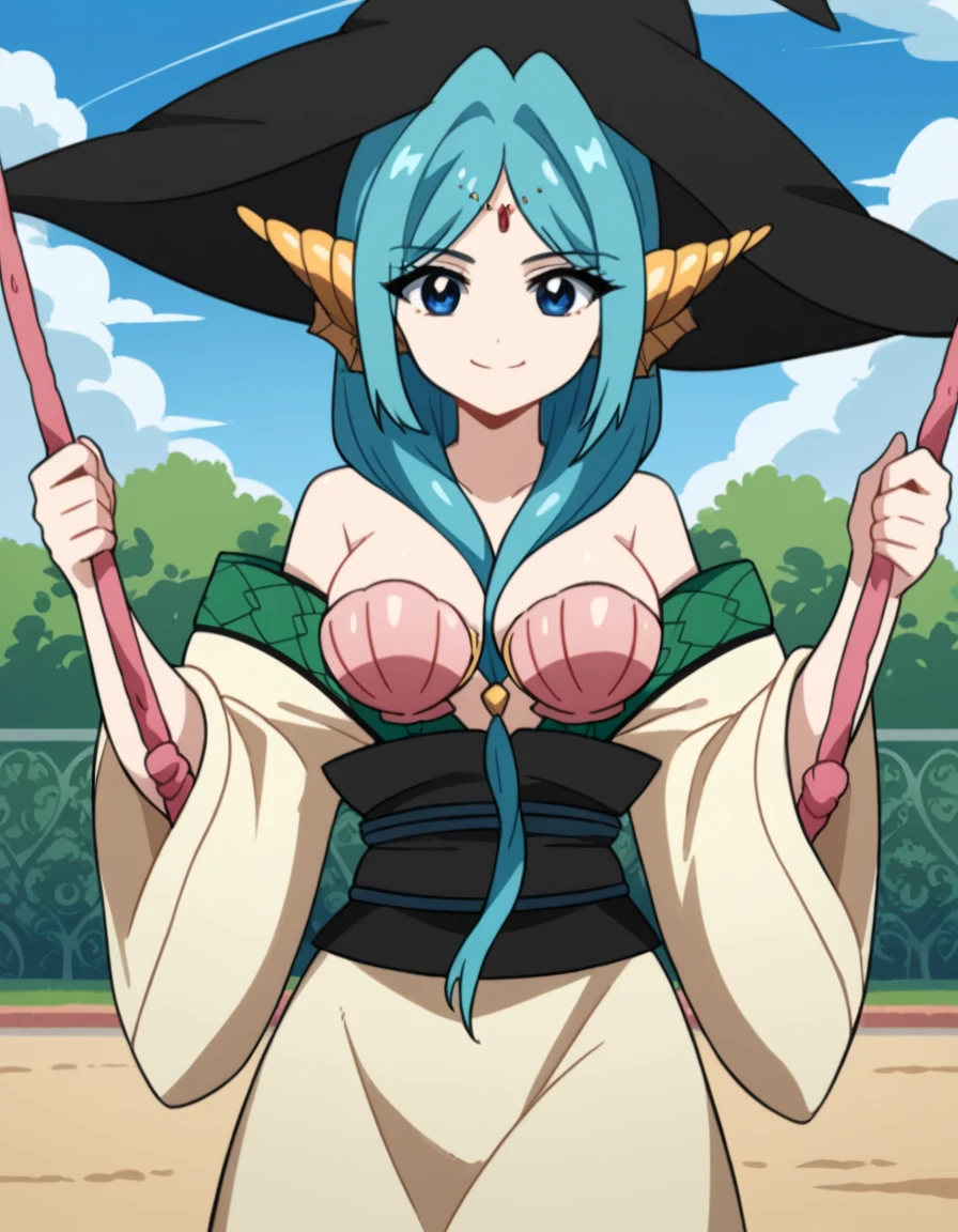 score_9, score_8_up, score_7_up, source_anime, <lora:yamraiha-s1-ponyxl-lora-nochekaiser:1>, yamraiha, long hair, blue eyes, large breasts, blue hair, aqua hair, front ponytail, hair between breasts, hat, bare shoulders, witch hat, between breasts, shell, shell bikini, robe, long sleeves, wide sleeves, sash,, public park, playground, swing set, laughter, sunny day, smile, v, v over eyes,, looking at viewer, solo,, dutch angle, cowboy shot