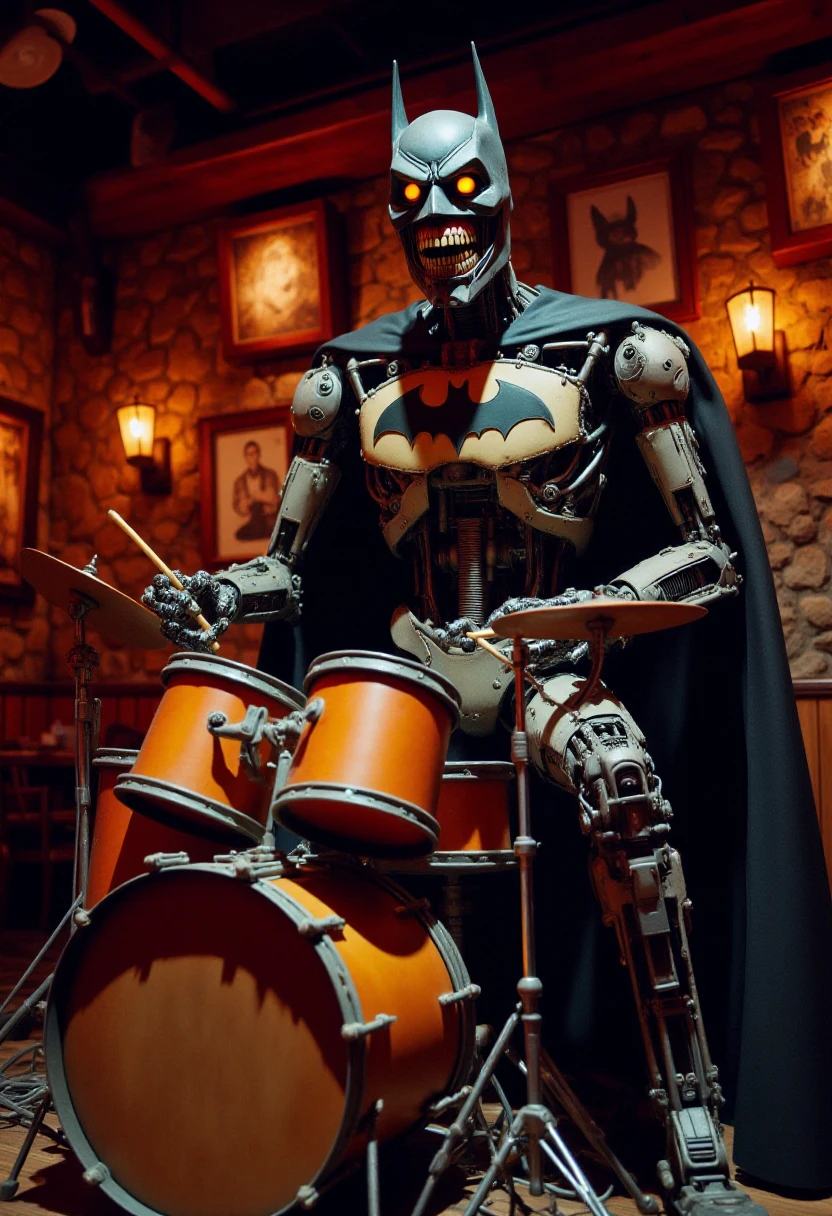 <lora:Animatronic_Assembler_FLUX:1>
This is a highly detailed photograph depicting an animatronic Batman robot playing the drums on stage at a dark restaurant.