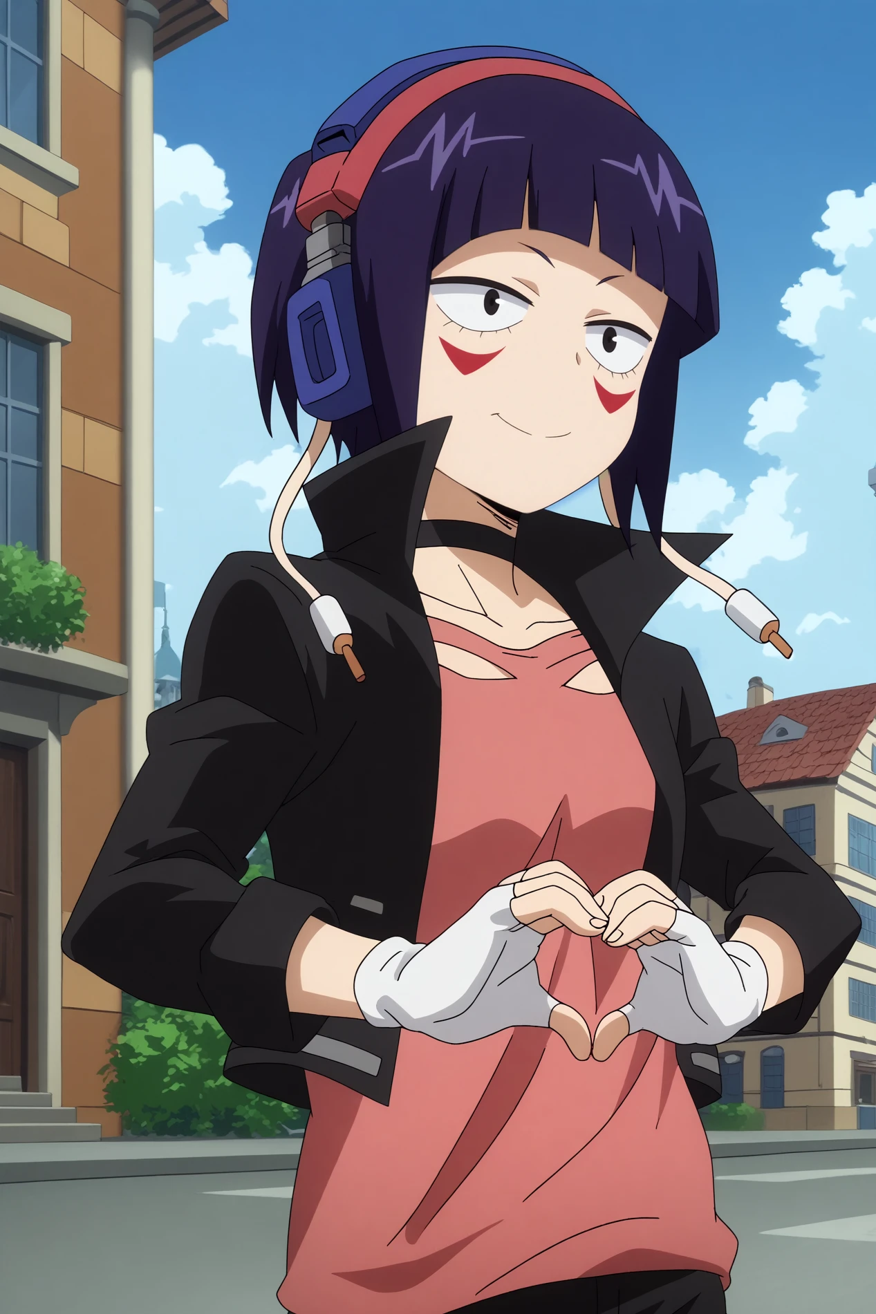 kyoka jiro,1girl,solo,breasts,medium breasts,headphones,choker,short hair,black jacket,red shirt,bangs,jacket,fingerless gloves,shirt,facial mark,blunt bangs,smile,long sleeves BREAK outdoors,cityscape,cloud,blue sky,restaurant  heart hands,   <lora:Kyoka_Jiro_-_My_Hero_Academia.safetensors:0.8>