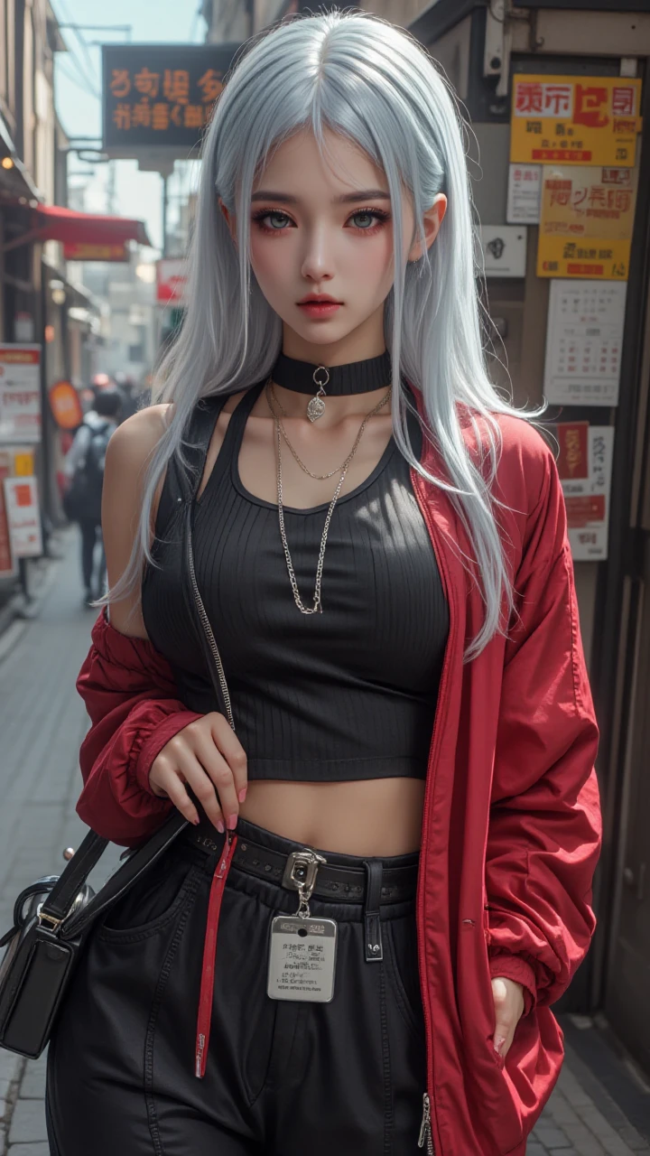 A photorealistic image of a woman, white hair,hip up,zaiji, street wear