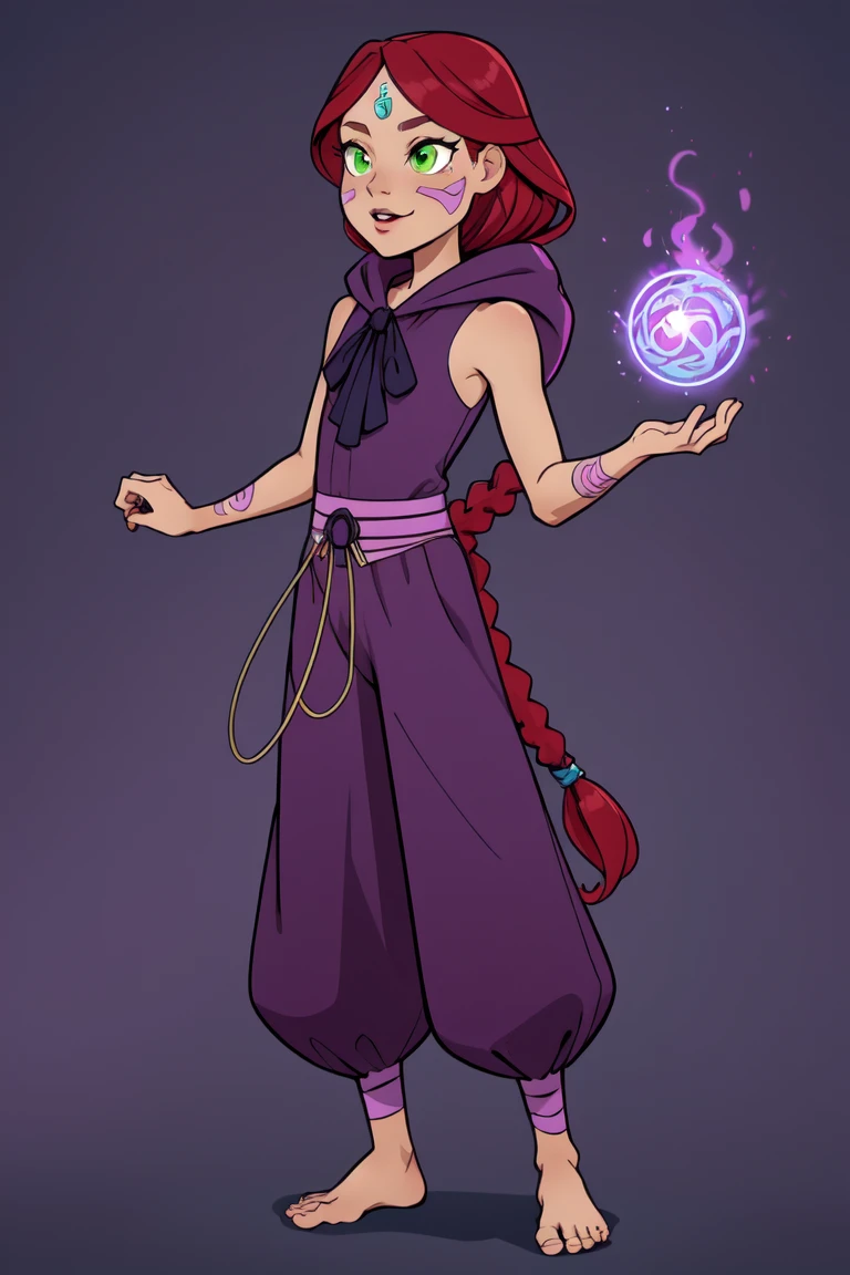 cartoon girl, mage, long red hair, green eyes, pigtail, purple robe, purple pants, barefoot, detailed feet, face drawings, full body, dark skin, magic academy background, <lora:AnnaMaht:0.45>