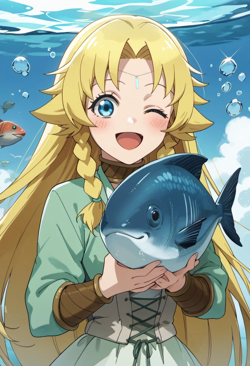 score_9, score_8_up, score_7_up, source_anime, celina, long hair, blonde hair, blue eyes, 1girl, one eye closed, open mouth, smile, braid, solo, ;d, fish, blush, holding animal, holding, very long hair