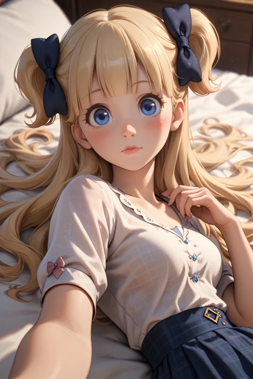 score_9, score_8_up, score_7_up, score_6_up
<lora:AEmilico:0.8>
AEmilico, 1girl, blonde hair, blue eyes, hair bow, blunt bangs, two side up, long hair, looking at viewer, lying on bed, selfie, blushing, cowboy shot