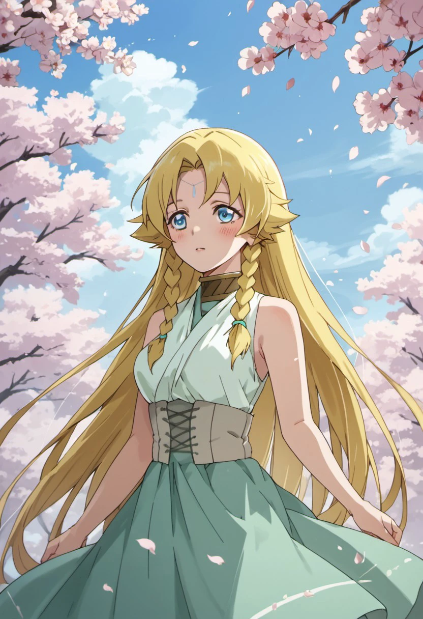 score_9, score_8_up, score_7_up, source_anime,celina, long hair, blonde hair, blue eyes, 1girl, solo, braid, twin braids, very long hair, blush, dress, cherry blossoms, petals, sky, day, sleeveless