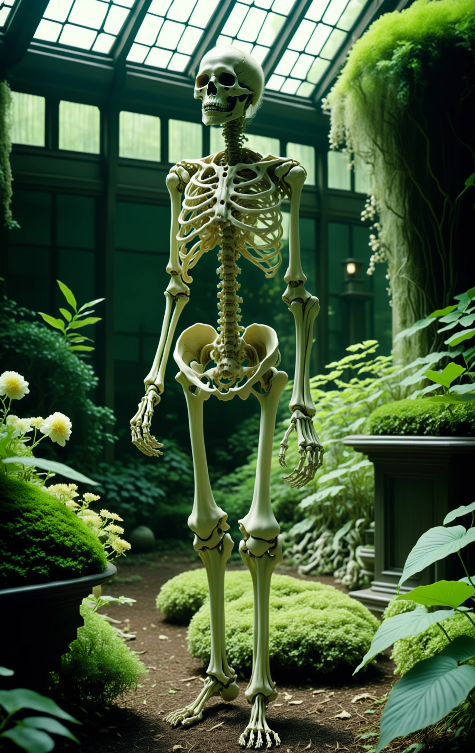 Overgrown botanical garden, mutated flora intertwined with skeletal remains, a lone figure seeking a cure. , cinematic by Park Chan-wook , Robert Richardson