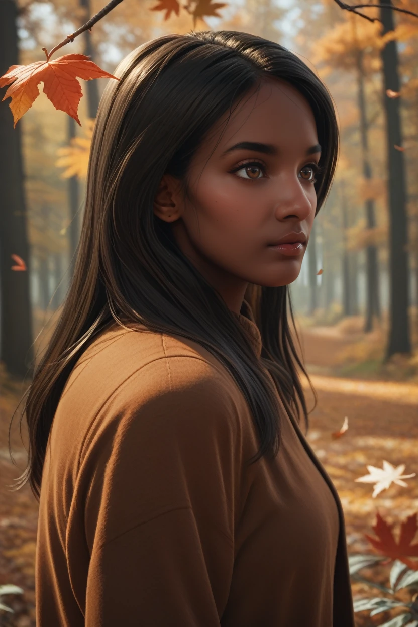 score_9, score_8_up, score_7_up, 
<lora:MEBrooks:0.8>
MEBrooks, 1girl, black hair, brown eyes, dark skin, long hair, autumn forest with falling leaves in the background, warm earthy tones, cozy and nostalgic feel