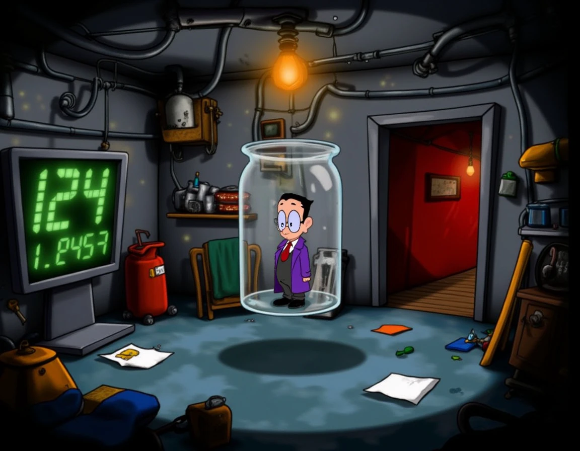 Tony_Tough_Art_Style, This image is a digitally drawn cartoon scene in a quirky, surreal style. The central figure is a short man with an oversized head, tiny round glasses, and a long, flowing purple coat. He is standing inside a giant, transparent glass jar, suspended mid-air in the center of a dimly lit, underground laboratory. The laboratory is filled with strange, glowing machines and wires that stretch across the dark gray walls. The floor is a cold, metallic blue, with scattered paper and tools littering the space. On the left side of the image, there is a giant monitor displaying flickering, green numbers. To the right, an open archway reveals a bright, red-lit hallway leading further into the mysterious building. A warm orange light emanates from above, casting long shadows across the room, creating an eerie yet playful atmosphere.