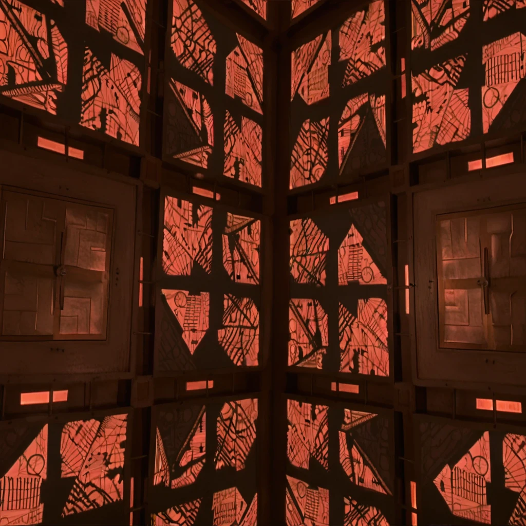 cpollcubemovie, cpollcubeorange, full room, wide view, frontal view, symmetrical layout, abstract squares, glowing walls, confined space, claustrophobic, closed hatch, "A 5x5x5 meter orange room, viewed from a wide-angle perspective. The POV is straight into the room, showing an empty space with no people. The room features identical, symmetrical walls with abstract square patterns. In the center of each wall is a closed, square metal hatch. The orange walls have a glowing effect, creating a confined space and a sense of claustrophobia."