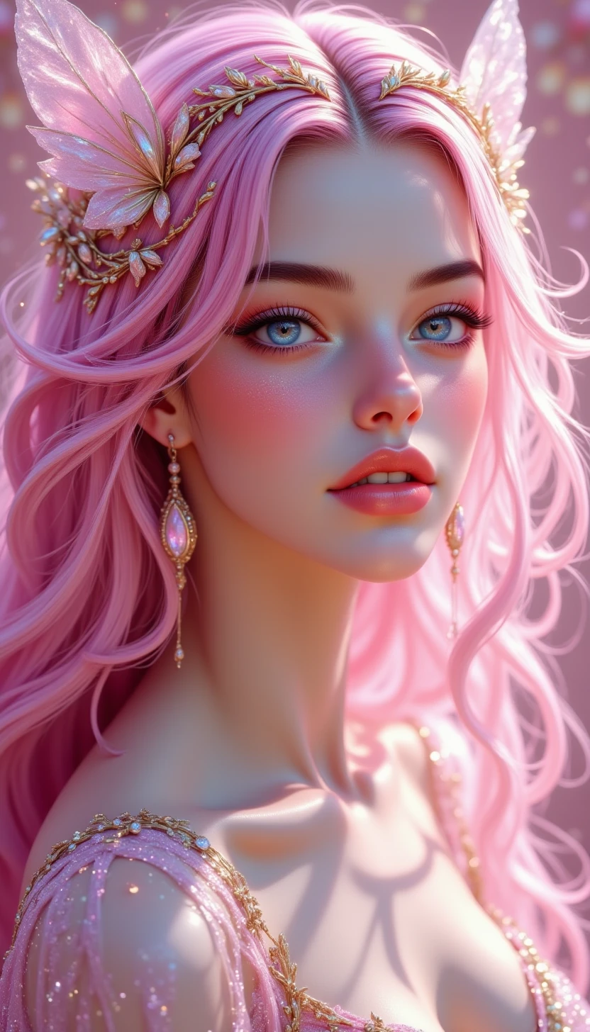 pinkenchantedmj,A pretty young woman with pastel pink hair and glittery eye makeup, surrounded by a halo of glittery light that makes her stand out like a work of art
