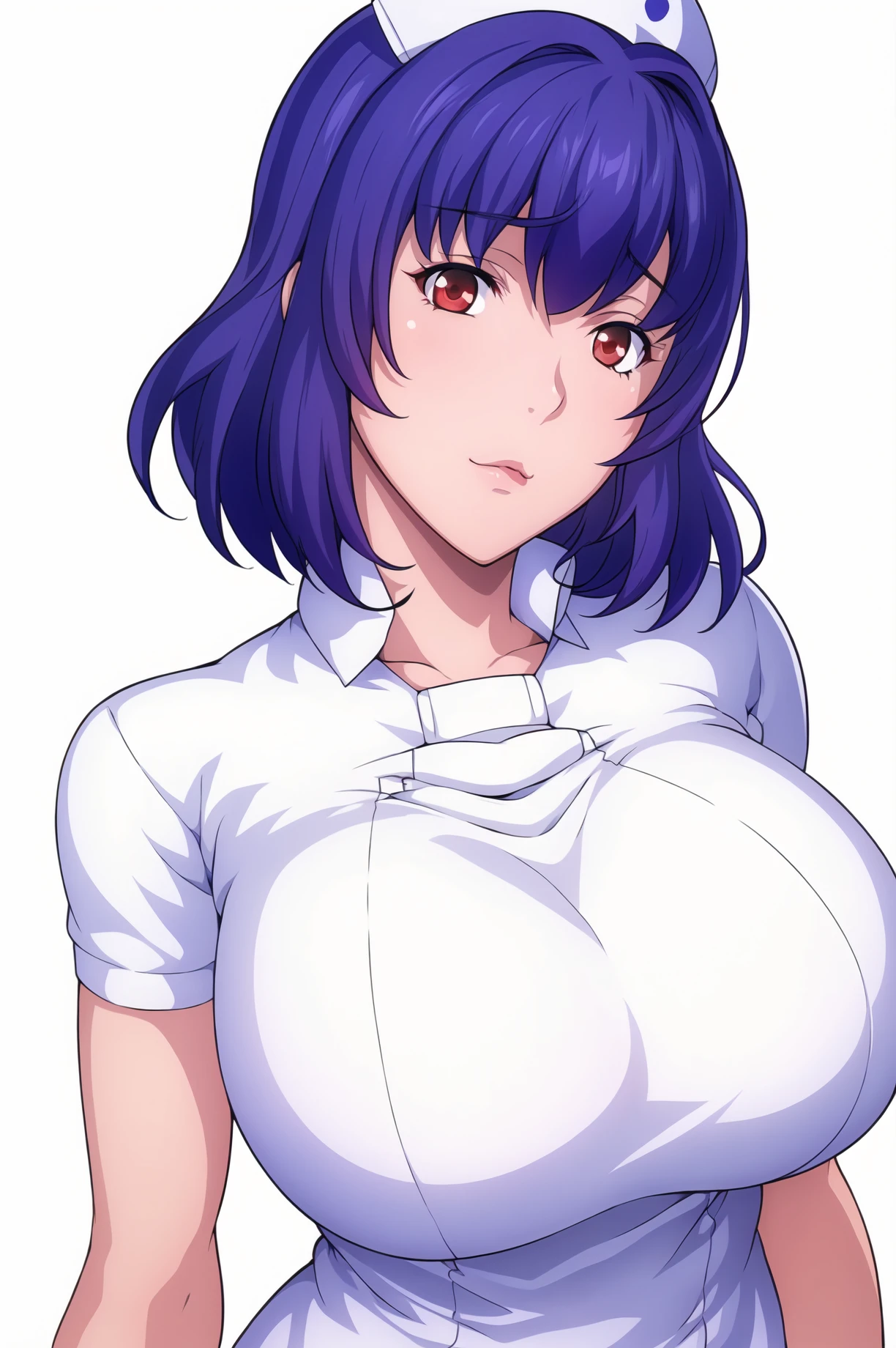 Simple Background,(White_Background:1.1),
dynamic pose,standing at attention,
nurse cap, nurse, White shirt, White pencil skirt, short sleeves,
<lora:Kurokawa_SakuseiByoutou-KK77-V1:0.7>, Kurokawa_SakuseiByoutou,
Red eyes, blue hair,bangs,Short hair,Makeup, red lipstick, 
<lora:more_details:0.1>,<lora:NovelAI_YesMix5_KKStyle-KK77-Yes5-V1:0.3>,<lora:Oda_Non_Style2-KK77-Yes5-V1:0.3>,
1 girl, 20yo,Young female,Beautiful long legs,Beautiful body,
Beautiful Nose,Beautiful character design, perfect eyes, perfect face,expressive eyes,perfect balance,
looking at viewer,(Focus on her face),closed mouth, (innocent_big_eyes:1.0),(Light_Smile:0.3),
official art,extremely detailed CG unity 8k wallpaper, perfect lighting,Colorful, Bright_Front_face_Lighting,White skin,
(masterpiece:1.0),(best_quality:1.0), ultra high res,4K,ultra-detailed,
photography, 8K, HDR, highres, absurdres:1.2, Kodak portra 400, film grain, blurry background, bokeh:1.2, lens flare, (vibrant_color:1.2),professional photograph,
(Beautiful,large_Breasts:1.4), (beautiful_face:1.5),(narrow_waist),